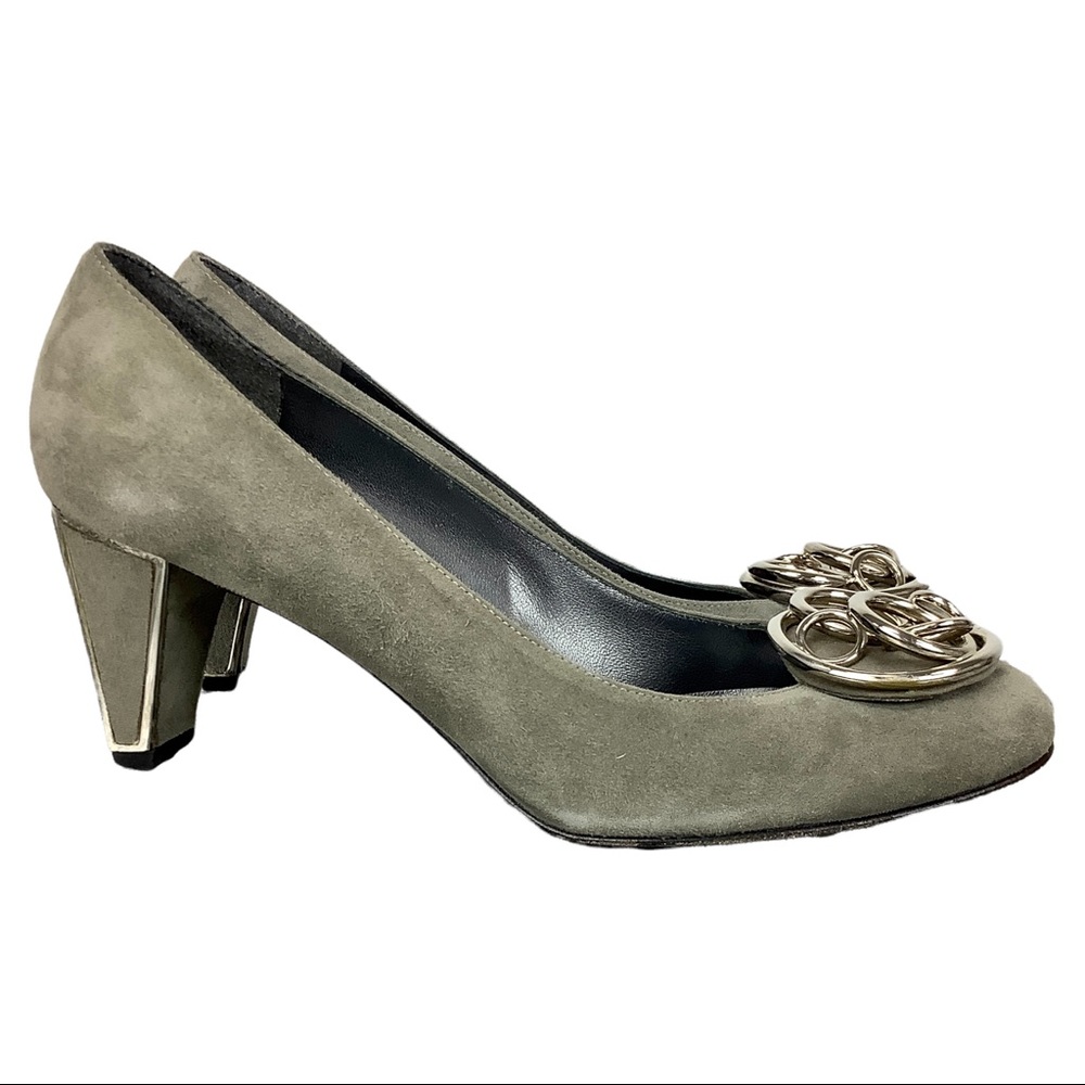 Stuart Weitzman Gray Suede Metal Accent Trim Pumps